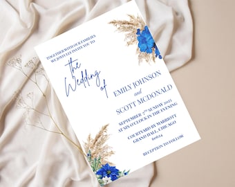Plantilla editable de invitación de boda azul y blanca / Invitación de boda con flores azules de Pampas / Descarga digital de Canva