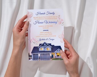 Invitación de inauguración de casa en primavera, tarjeta de bienvenida con flores de cerezo, anuncio de mudanza con flores rosas, casa abierta para fiesta en el jardín, marco de fotos