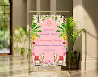 Plantilla de letrero de bienvenida para inauguración de casa india, tablero de bienvenida Gruhapravesam, póster editable de Canva, pooja hindú, letrero vertical de 24 x 36 x 18 x 24