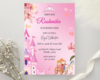 Invitación de cumpleaños de cuento de hadas, invitación a fiesta de princesa rosa, invitación de carruaje, temática de castillo mágico, tarjeta digital de celebración real