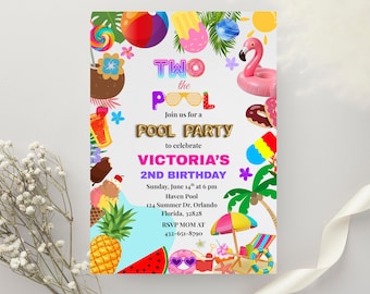Invitación de cumpleaños para dos en la piscina, fiesta de segundo cumpleaños en la piscina, invitación de baño de verano para niñas, segundo cumpleaños tropical con flamencos, rosa neón