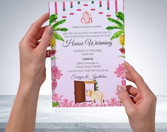 Paquete de invitaciones Grihapravesam, letrero de bienvenida Manai Pugu Vizha, inauguración de casa en el sur de la India, plantilla de hoja de plátano de Ganesha, descarga instantánea