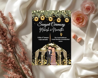 Invitación editable para ceremonia de Sangeet / Fiesta preboda india / Descarga digital / Plantilla Canva dorada y negra / Cóctel / DJ / Baile