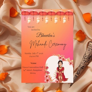May include: A vibrant invitation for Bhuvika's Mehandi Ceremony, featuring a gradient of orange and pink hues. The card includes decorative umbrellas, lanterns, and floral accents. The date is July 5th, 2026, at 4:00 PM. The venue is Viswa Convention Hall.