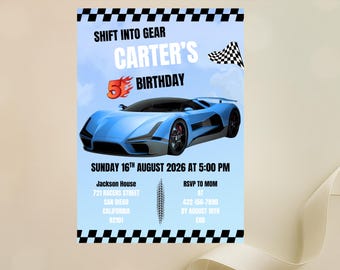Invitación de cumpleaños de coche de carreras, invitación de superdeportivo azul, fiesta de cambio de marcha, cumpleaños con bandera a cuadros, plantilla para el quinto cumpleaños de un niño