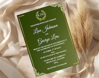 Plantilla editable de invitación de boda en verde esmeralda y dorado / Elegante invitación en Canva / Descarga digital de invitación de boda imprimible