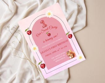 Invitación de primer cumpleaños con cerezas dulces, invitación de primer cumpleaños para niña coqueta, plantilla de cereza en arco rosa, descarga digital