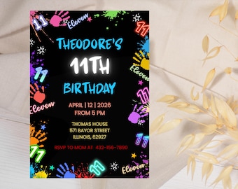 Invitación de cumpleaños con brillo de neón, invitación para el 11.º cumpleaños de un niño, fiesta que brilla en la oscuridad, invitación con salpicaduras de pintura, cumpleaños con laser tag