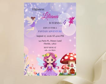 Invitación para el 4.º cumpleaños de una princesa de las hadas, invitación de hada real, fiesta de aventuras fantásticas, cuarto cumpleaños de niña, tarjeta de cumpleaños de Liliana