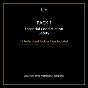 Może przedstawiać: Czarna grafika ze złotą obwódką. Tekst brzmi "CF", "PACK 1", "Essential Construction Safety" i "10 Professional Toolbox Talks Included". Na dole grafiki widnieje napis "ConstructForms Professional Templates".