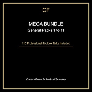Może przedstawiać: Czarne tło ze złotą obwódką i białym tekstem. Tekst brzmi "CF MEGA BUNDLE General Packs 1 to 11" i "110 Professional Toolbox Talks Included". Na dole obrazu widnieje napis "ConstructForms Professional Templates."
