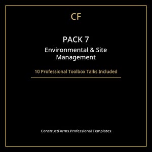 以下が含まれることがあります： 金色の縁取りのある黒いグラフィック。テキストには「CF」、「PACK 7」、「Environmental & Site Management」、および「10 Professional Toolbox Talks Included」が含まれています。グラフィックの下部には「ConstructForms Professional Templates」と書かれています。