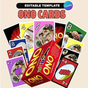 May include: A red ONO card game box and assorted cards are displayed. The cards feature numbers, colors, and images of people. The box and cards have the text "ONO CARDS" and "Let's play the game..."