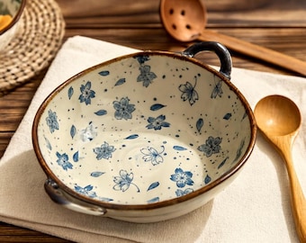 Handmade Japanese Ramen Bowl, Floral Pottery, 700ml