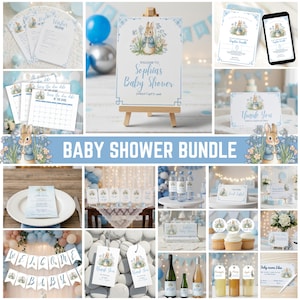 Puede incluir: Un conjunto para baby shower con el tema de Peter Rabbit. Incluye invitaciones, tarjetas de agradecimiento, menús y un letrero de bienvenida. El esquema de color es azul claro y blanco, con detalles florales y el texto "Welcome Baby".