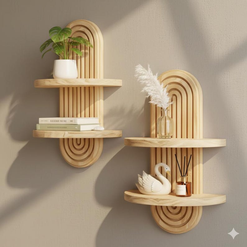 Op de afbeelding: Twee houten wandplanken met een boogvormig ontwerp. E&eacute;n plank bevat een potplant en boeken, de andere een zwaanbeeldje, een vaas en een diffuser. De planken zijn gemaakt van lichtgekleurd hout en zijn op een neutraal gekleurde muur gemonteerd.