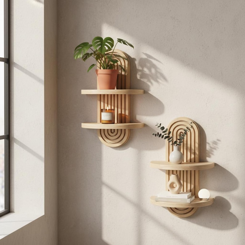 Op de afbeelding: Twee houten wandplanken met een natuurlijke afwerking. Elke plank heeft een afgeronde bovenkant met verticale lamellen, twee horizontale planken en een halfronde basis. E&eacute;n plank bevat een potplant en een kaars. De andere bevat een vaas en decoratieve objecten.