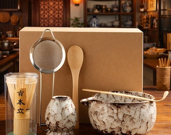 Japandi Matcha Bowl Set with Whisk MADE TO ORDER | Handmade Speckled Ceramic Chawan + Holder | Tiny Mixing Bowl 1-2 Cups