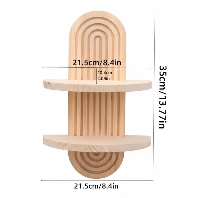 Op de afbeelding: Een lichtgekleurd houten wandrek met twee halve cirkelvormige planken. De plank is 35 cm hoog en 21,5 cm breed. De bovenkant van de plank heeft een boogvormig ontwerp. De plank is gemaakt van lichtgekleurd hout.