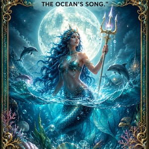 May include: A decorative poster titled MERMAID'S CALL with the text YOUR SOUL REMEMBERS THE OCEAN'S SONG. It features a mermaid with long blue hair holding a trident, surrounded by dolphins, a large moon, and an ornate gold frame with seashells.