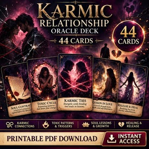 Può includere: Un mazzo di 44 carte dell'Oracolo delle Relazioni Karmiche. Le carte presentano illustrazioni di coppie, catene e temi spirituali. Il mazzo include il testo "Download PDF stampabile" e "Accesso immediato".