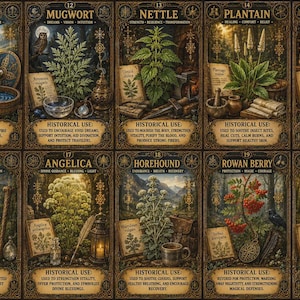 May include: A set of ten rectangular cards featuring botanical illustrations labeled Woad, Mugwort, Nettle, Plantain, Garlic, Juniper, Angelica, Horehound, Rowan Berry, and Oak Leaf. Each card includes a plant image, historical use text, and ornate borders.