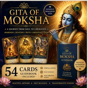 Puede incluir: Juego de cartas y guía Gita of Moksha. La imagen muestra 54 cartas y una guía. La ilustración presenta una deidad azul y dorada tocando la flauta, con el texto "A Journey From Soul to Liberation".