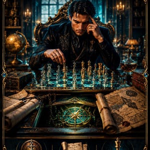 May include: A poster titled HIDDEN AGENDA featuring a person playing chess at a desk with a compass, scrolls, and globes. Below, three circular icons are labelled MOTIVES, SCHEMES, and STRATEGY, framed by an ornate gold border with blue gems.