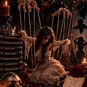 May include: A dark-themed art print titled MANIPULATIVE featuring a person in a beige dress suspended by strings like a marionette. Beside them are stacked books labeled with phrases like FALSE PROMISES and a note reading Not everyone who cares for you has your best interests at heart.
