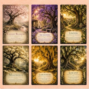 May include: A set of six rectangular oracle cards featuring detailed illustrations of trees including Cherry Blossom, Jacaranda, Linden, Magnolia, Laburnum, and Locust. Each card displays the tree name, a theme, and descriptive text in a decorative frame.