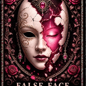 May include: A rectangular card featuring a cracked white mask revealing a glowing pink face underneath. The mask is adorned with gold filigree and a central ruby-colored jewel. The text reads FALSE FACE, What you show others may not reflect reality. Authenticity is your strength. Be honest with yourself.
