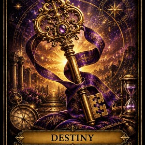 May include: A decorative card featuring a large ornate gold key with a purple ribbon, a pocket watch, and an hourglass. The number 10 is at the top, and the text DESTINY is centered above the phrases: Divine timing is working in your favor.