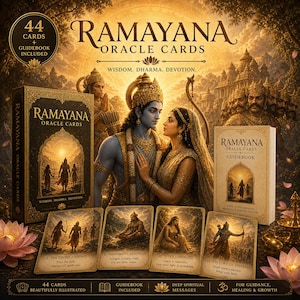 May include: A Ramayana Oracle Cards set, including 44 illustrated cards and a guidebook. The cards depict deities and scenes from the Ramayana, with text such as "Wisdom, Dharma, Devotion." The set includes a guidebook for guidance, healing, and growth.