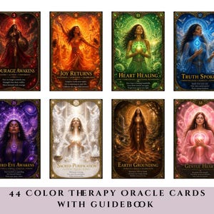 May include: A set of 44 color therapy oracle cards with a guidebook. Each card features a woman in a vibrant color scheme, with titles such as "Courage Awakens" and "Joy Returns". The cards have gold borders and are designed for spiritual guidance.
