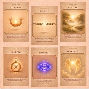 Könnte beinhalten: Ein Set aus sechs Orakelkarten mit beigem Hintergrund. Jede Karte zeigt ein anderes Bild und die Worte "Self-Love", "Release", "Healing", "Courage", "Intuition" und "Awakening". Die Karten enthalten auch inspirierenden Text.