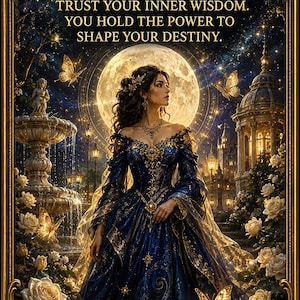 May include: A rectangular card featuring the text MAIN FEMALE, TRUST YOUR INNER WISDOM. YOU HOLD THE POWER TO SHAPE YOUR DESTINY. The image depicts a person in a dark blue gown with gold embroidery, standing before a large moon, a fountain, and golden butterflies, all framed by an ornate gold border.
