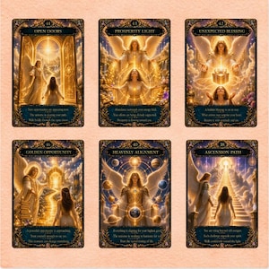 May include: Six tarot cards with gold and blue borders. Each card features angelic figures and text. The cards are labeled: Open Doors, Prosperity Light, Unexpected Blessing, Golden Opportunity, Heavenly Alignment, and Ascension Path.