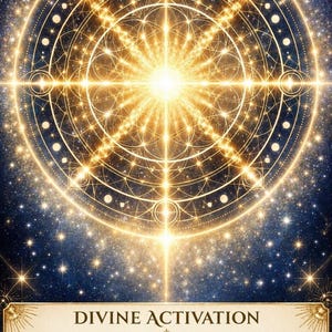 Op de afbeelding: Een rechthoekige kaart met een stralende gouden geometrische mandala tegen een donkerblauwe sterrenhemel. De tekst luidt: DIVINE ACTIVATION, You are activating your divine power. Awaken to the light within you. AFFIRMATION, I step into my true energy.