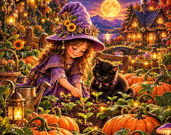 May include: A digital illustration titled THE PUMPKIN PATCH featuring a child in a purple witch hat and dress tending to a garden with a black kitten. The scene includes orange pumpkins, glowing lanterns, and a sign that reads Nurture what you wish to grow.