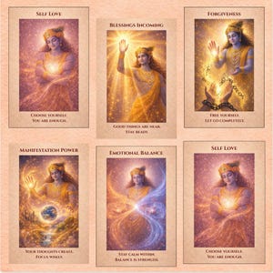Puede incluir: Una colección de seis cartas de oráculo con ilustraciones de una figura con túnicas doradas. Cada carta presenta texto como "Self Love", "Blessings Incoming" y "Forgiveness". Las cartas tienen una estética cálida y etérea con iluminación suave y temas espirituales.