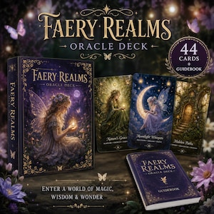 May include: A Faery Realms Oracle Deck with 44 cards and a guidebook. The box and guidebook are purple with gold lettering. The cards feature illustrations of fairies in various settings, including a forest and a crescent moon.