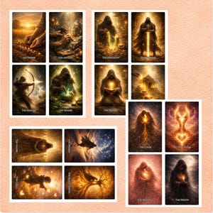 May include: A collection of tarot cards featuring mystical illustrations. Each card displays a unique image with titles such as "The Farmer," "The Hunter," and "The Lover." The artwork is rich in warm, golden tones, depicting figures and scenes with a fantasy theme.