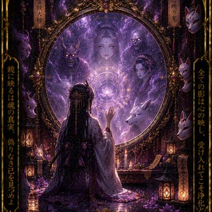May include: A digital art print featuring a woman in a kimono facing a large mirror. The mirror reflects various figures and a glowing lotus. The artwork is framed with gold accents and includes Japanese text and the words "20. SPIRIT MIRROR."