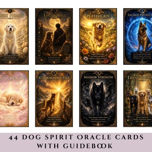 Può includere: Un set di 44 carte Oracle Dog Spirit con una guida. Ogni carta presenta una razza di cane diversa in uno stile artistico unico, con titoli come "Pure Heart" e "Loyal Soul". Le carte hanno bordi dorati e disegni ornati.