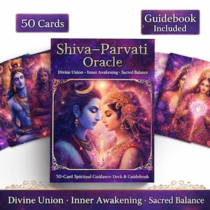 May include: A deck of 50 cards and a guidebook. The box and cards feature a celestial illustration of Shiva and Parvati. The text on the box reads "Shiva-Parvati Oracle" and "Divine Union, Inner Awakening, Sacred Balance."