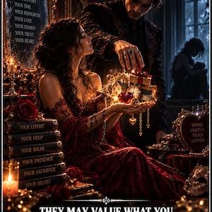 Pode incluir: Uma impressão de arte de fantasia sombria intitulada USING YOU, mostrando uma pessoa em um vestido vermelho segurando objetos em miniatura, incluindo uma casa, um relógio e um coração. O texto inclui listas de virtudes e a frase THEY MAY VALUE WHAT YOU PROVIDE MORE THAN WHO YOU ARE.