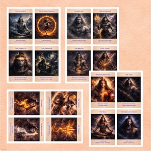 May include: A set of oracle cards featuring illustrations of deities and spiritual concepts. Each card has a unique image and title, such as "The Stillness," "The Cosmic Dancer," and "The Third Eye." The cards are arranged on a light peach background.