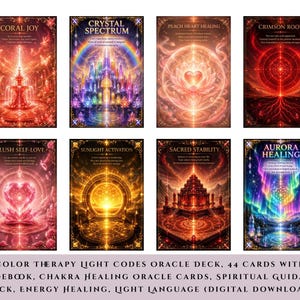 Könnte beinhalten: Ein Set von acht Orakelkarten mit farbenfrohen Illustrationen. Jede Karte zeigt einzigartige Kunstwerke und Titel wie "Coral Joy" und "Crystal Spectrum". Die Karten sind Teil eines "Color Therapy Light Codes Oracle Deck".