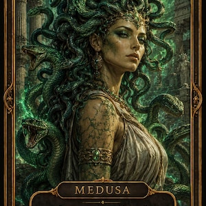 May include: A rectangular card featuring a portrait of Medusa with green snakes for hair, wearing a white garment and gold jewelry. The card has a gold border, the number 3 at the top, and the text: MEDUSA. Protect your energy without guilt. Not everyone deserves access to you. Boundaries create strength.