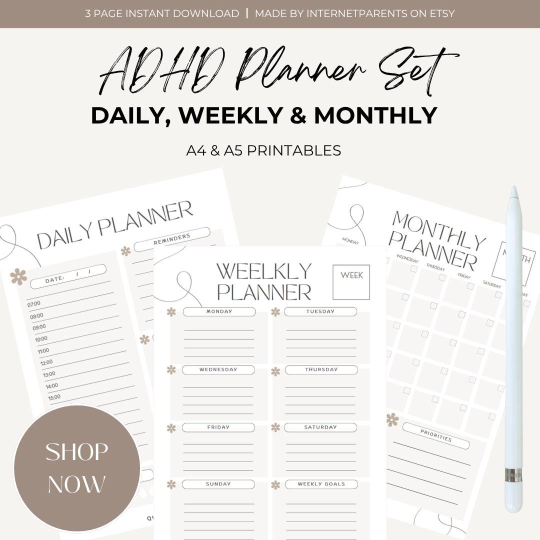 ADHD Planner Printable Set: Daily, Weekly, Monthly (A4/A5) (instant ...